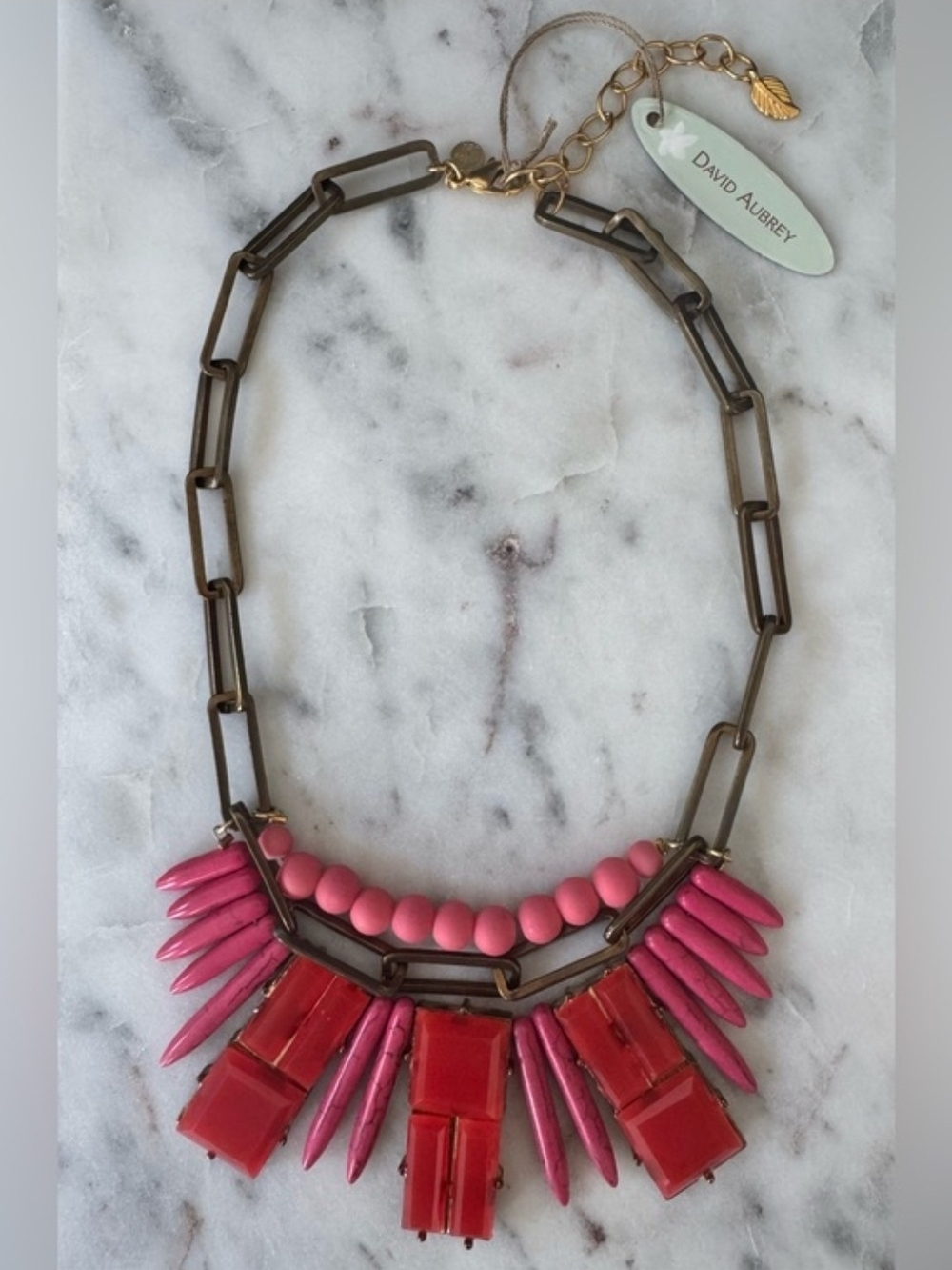 David Aubrey Coral Pink Statement Necklace – Antique Brass Link Bib
